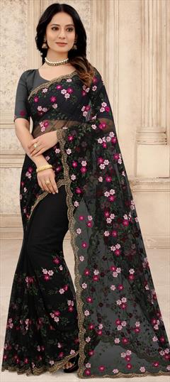 Engagement, Party Wear, Wedding Black and Grey color Saree in Net fabric with Classic Embroidered, Resham, Thread, Zari, Zircon work : 1792840