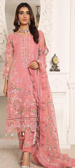 Festive, Party Wear, Traditional Pink and Majenta color Salwar Kameez in Net fabric with Pakistani, Straight Embroidered, Resham, Thread work : 1792859