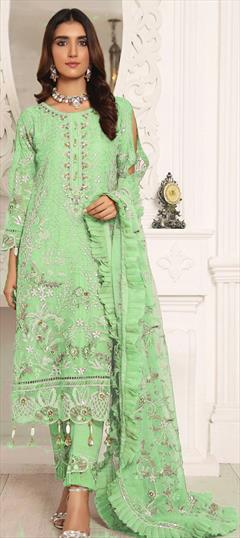 Festive, Party Wear, Traditional Green color Salwar Kameez in Net fabric with Pakistani, Straight Embroidered, Resham, Thread work : 1792861