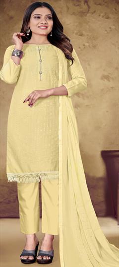 Casual Yellow color Salwar Kameez in Cotton fabric with Straight Sequence, Thread work : 1792942
