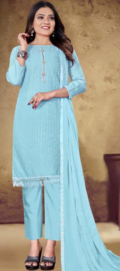 Casual Blue color Salwar Kameez in Cotton fabric with Straight Sequence, Thread work : 1792943