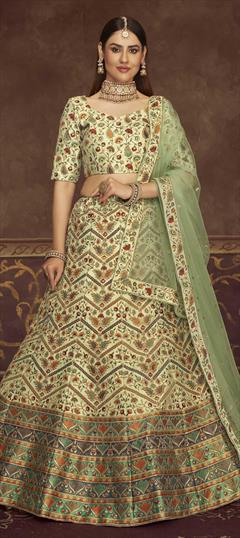 Bridal, Mehendi Sangeet, Wedding Green color Lehenga in Art Silk fabric with A Line Embroidered, Printed, Swarovski work : 1793011