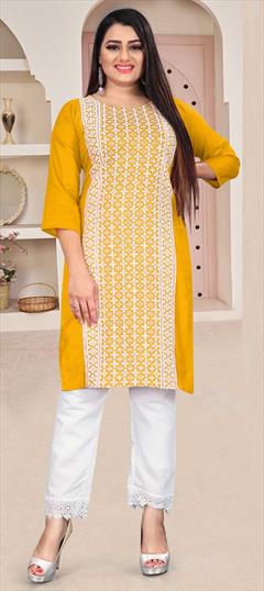 Casual Yellow color Tunic with Bottom in Rayon fabric with Embroidered, Resham, Sequence work : 1793397