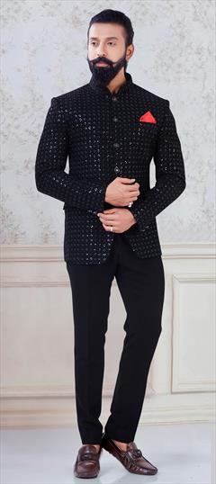 Black and Grey color Jodhpuri Suit in Velvet fabric with Sequence work : 1793445
