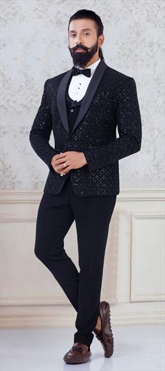 Black and Grey color Tuxedo in Velvet fabric with Sequence work : 1793446