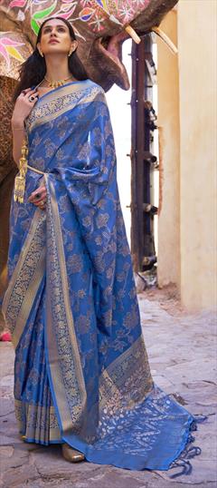 Traditional Blue color Saree in Handloom fabric with Bengali Sequence, Weaving work : 1793540