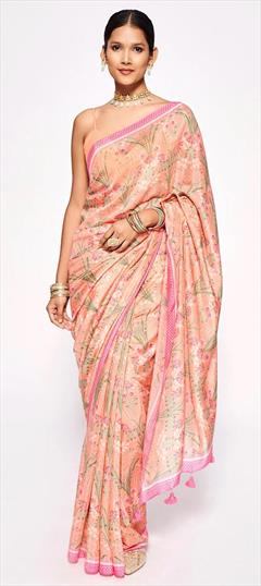 Casual, Party Wear Pink and Majenta color Saree in Chiffon fabric with Classic Digital Print, Embroidered, Floral work : 1793649