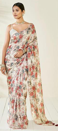 Casual, Designer, Party Wear, Summer White and Off White color Saree in Chiffon fabric with Classic Digital Print, Embroidered, Floral work : 1793652