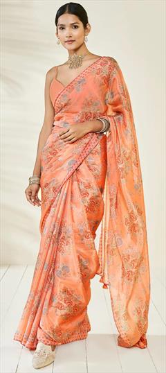 Casual, Party Wear Orange color Saree in Chiffon fabric with Classic Digital Print, Embroidered, Floral work : 1793655