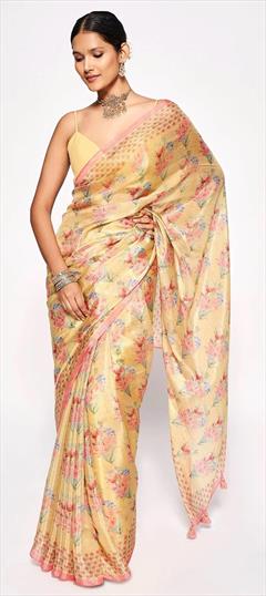 Casual, Party Wear Beige and Brown color Saree in Chiffon fabric with Classic Digital Print, Embroidered, Floral work : 1793656
