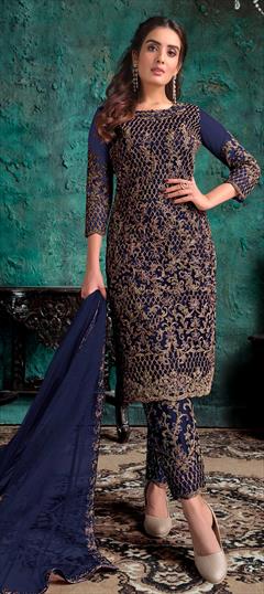 Festive, Party Wear Blue color Salwar Kameez in Net fabric with Straight Thread, Zari work : 1793667