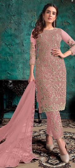 Festive, Party Wear Pink and Majenta color Salwar Kameez in Net fabric with Straight Thread, Zari work : 1793671