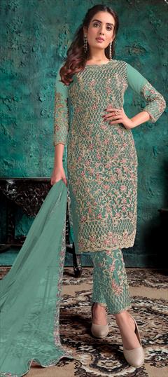 Festive, Party Wear Blue color Salwar Kameez in Net fabric with Straight Thread, Zari work : 1793677
