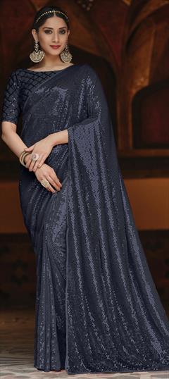 Festive, Party Wear Black and Grey color Saree in Georgette fabric with Classic Sequence, Thread work : 1793859