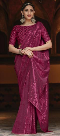 Festive, Party Wear Pink and Majenta color Saree in Georgette fabric with Classic Sequence, Thread work : 1793860
