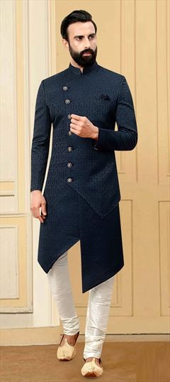 Blue color Sherwani in Brocade fabric with Weaving work : 1794147