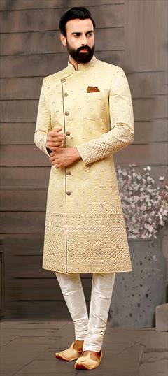 Yellow color Sherwani in Silk fabric with Embroidered work : 1794158