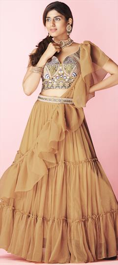 Festive, Wedding Beige and Brown color Lehenga in Chiffon fabric with A Line Embroidered, Mirror, Resham, Sequence, Thread work : 1794169