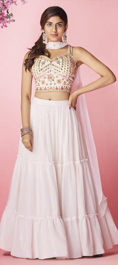 Festive, Wedding White and Off White color Lehenga in Georgette fabric with A Line Embroidered, Mirror, Resham, Sequence, Thread work : 1794171