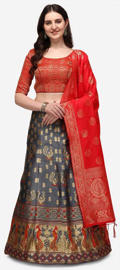 Engagement, Festive, Party Wear Black and Grey, Red and Maroon color Lehenga in Art Silk fabric with A Line Weaving work : 1794417