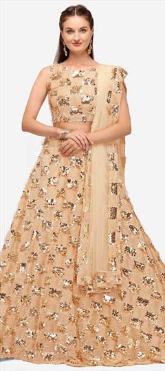 Engagement, Festive, Party Wear Beige and Brown color Lehenga in Blended, Silk fabric with A Line Sequence work : 1794521