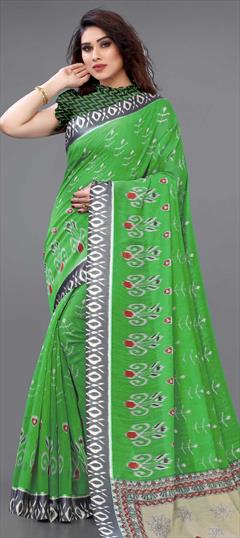 Casual, Traditional Green color Saree in Cotton fabric with Bengali Printed work : 1794623
