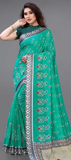 Casual, Traditional Blue color Saree in Cotton fabric with Bengali Printed work : 1794624