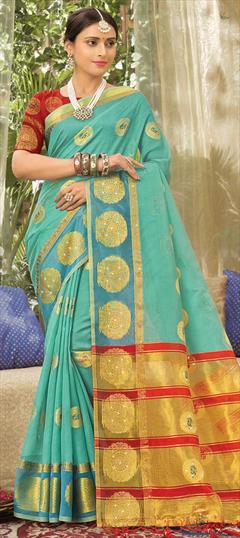 Traditional Blue color Saree in Organza Silk, Silk fabric with South Weaving work : 1794725