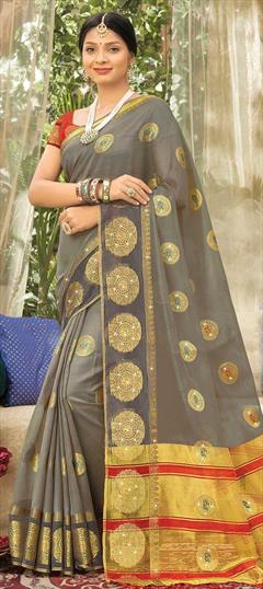 Traditional Black and Grey color Saree in Organza Silk, Silk fabric with South Weaving work : 1794729