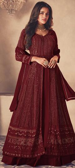 Bollywood Red and Maroon color Long Lehenga Choli in Georgette fabric with Embroidered, Resham, Sequence, Thread work : 1794784