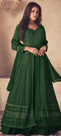 Bollywood Green color Long Lehenga Choli in Georgette fabric with Embroidered, Resham, Sequence, Thread work : 1794791