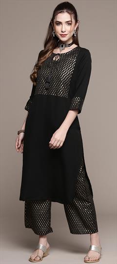 Casual Black and Grey color Tunic with Bottom in Crepe Silk fabric with Foil Print work : 1794869