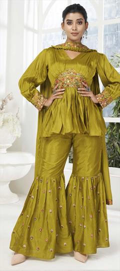 Festive, Party Wear Green color Salwar Kameez in Chiffon fabric with Sharara Embroidered, Mirror, Thread work : 1795140