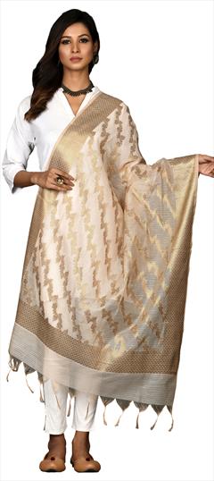 Casual Beige and Brown color Dupatta in Chanderi Silk fabric with Weaving, Zari work : 1795226