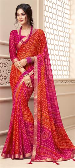 Party Wear Orange, Pink and Majenta color Saree in Chiffon fabric with Classic, Rajasthani Bandhej, Border, Printed work : 1795376