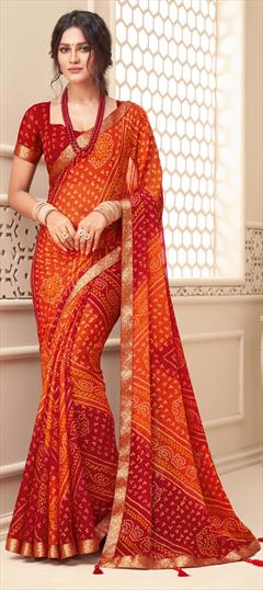 Party Wear Orange color Saree in Chiffon fabric with Classic, Rajasthani Bandhej, Border, Printed work : 1795381