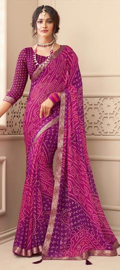 Party Wear Pink and Majenta color Saree in Chiffon fabric with Classic, Rajasthani Bandhej, Broches, Printed work : 1795389