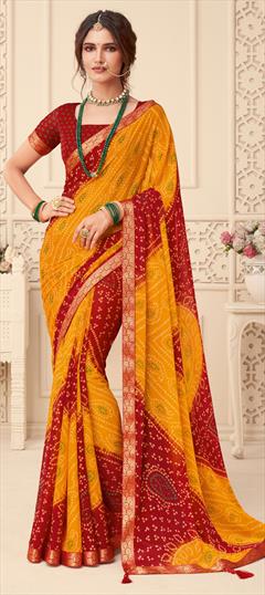 Party Wear Red and Maroon, Yellow color Saree in Chiffon fabric with Classic, Rajasthani Bandhej, Border, Printed work : 1795391
