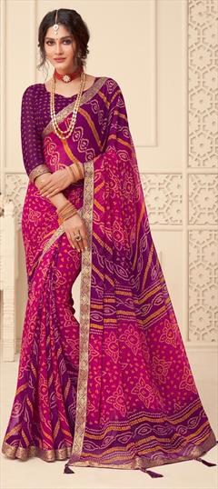 Party Wear Pink and Majenta, Purple and Violet color Saree in Chiffon fabric with Classic, Rajasthani Bandhej, Border, Printed work : 1795394