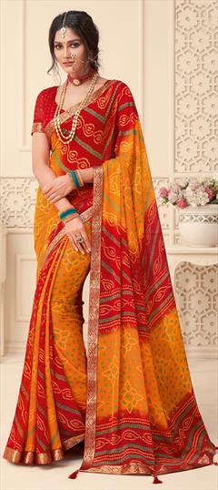 Party Wear Red and Maroon, Yellow color Saree in Chiffon fabric with Classic, Rajasthani Bandhej, Border, Printed work : 1795396