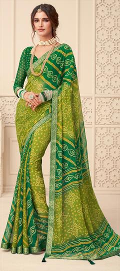 Mehendi Sangeet, Party Wear Green color Saree in Chiffon fabric with Classic, Rajasthani Bandhej, Border, Printed work : 1795397