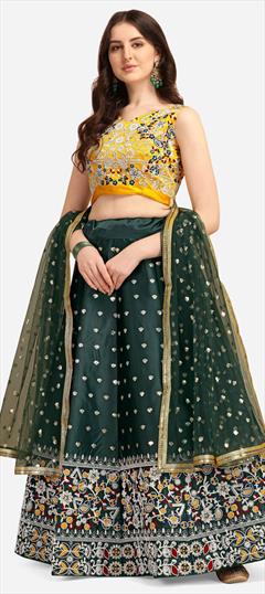 Festive, Party Wear Blue color Lehenga in Satin Silk fabric with A Line Thread work : 1795409