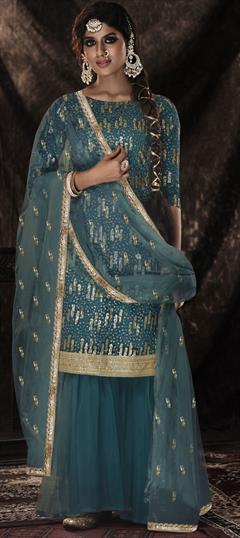 Festive, Reception Blue color Salwar Kameez in Net fabric with Sharara Border, Sequence work : 1795499