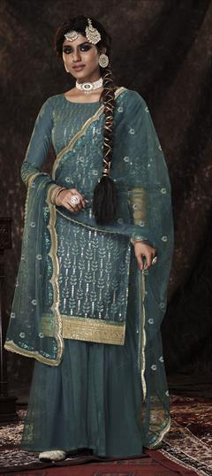 Festive, Reception Blue color Salwar Kameez in Net fabric with Sharara Border, Sequence work : 1795506