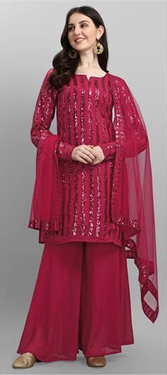 Festive, Party Wear Red and Maroon color Salwar Kameez in Faux Georgette fabric with Palazzo Sequence work : 1795566