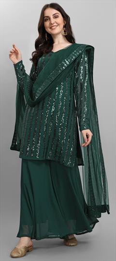Festive, Party Wear Green color Salwar Kameez in Faux Georgette fabric with Palazzo Sequence work : 1795568