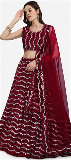 Engagement, Reception Red and Maroon color Lehenga in Blended fabric with A Line Sequence work : 1795571