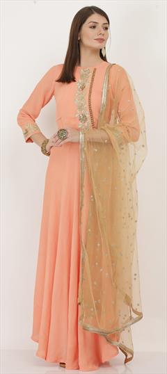 Festive, Party Wear, Reception Pink and Majenta color Salwar Kameez in Georgette fabric with Straight Bugle Beads, Cut Dana, Zari work : 1795632