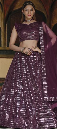 Festive, Reception Purple and Violet color Lehenga in Net fabric with A Line Sequence work : 1795673