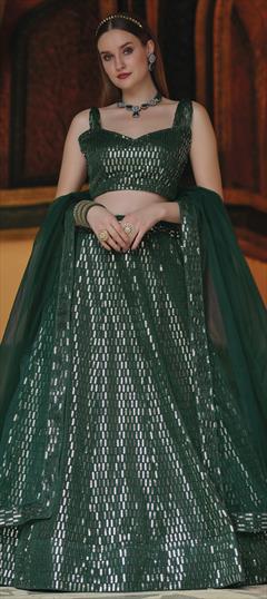 Festive, Reception Green color Lehenga in Net fabric with A Line Sequence work : 1795674